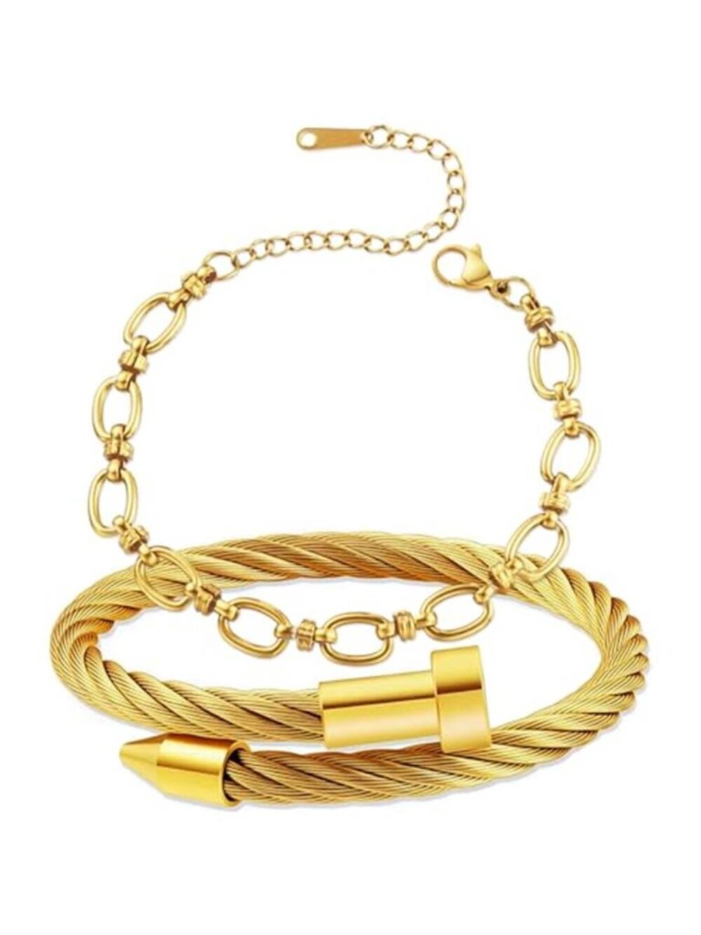 2PC 18K Gold Plated Nail Bangle & Chain Bracelet Set for Women, Adjustable